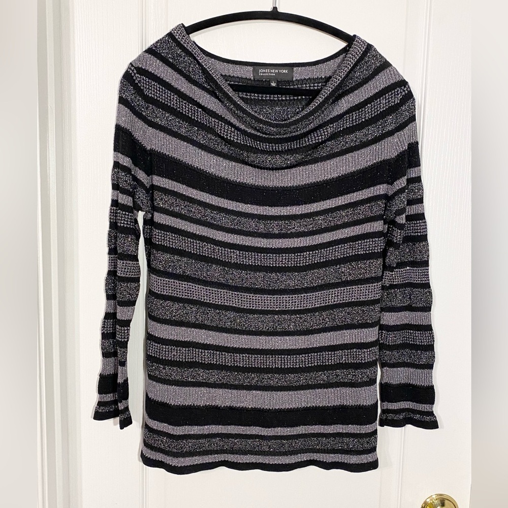 Jones NY Metallic Cowl Neck Striped Ribbed Knit Sweater Black Silver Size Large